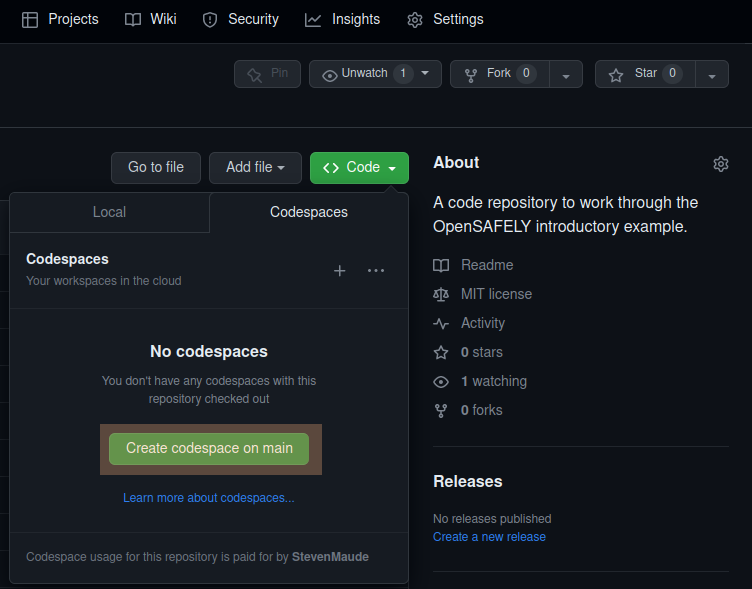 A screenshot showing the "Create codespace on main" button.